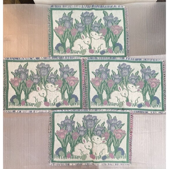 Vintage Woven Easter Placemats – Tulips & Bunny – 18"x12"- W Fringe Set of 4 EUC - Picture 4 of 10